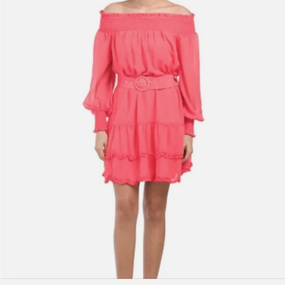 NWT- BCBGeneration Coral Pink Off-Shoulder Belted Chiffon Mini Dress - Size 2